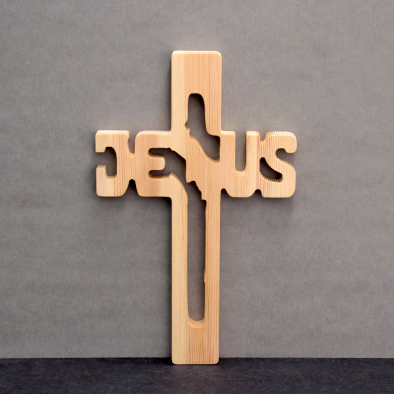 Jesus Silhouette Pine Wood Cross Wall Art – Carved Design