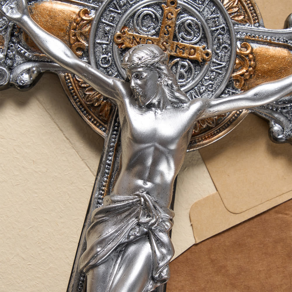 Resin Crucifix Wall Hanging with INRI & St. Benedict Medal