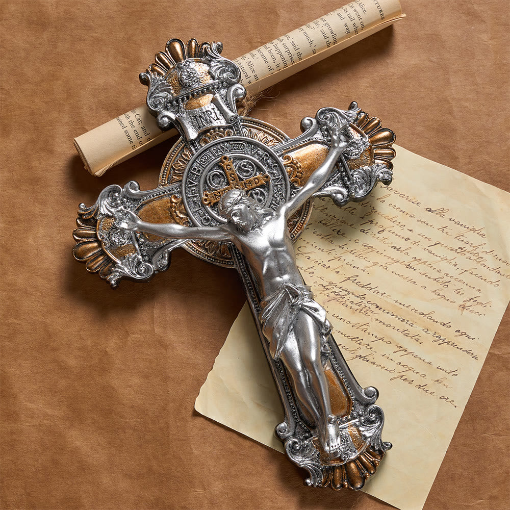 Resin Crucifix Wall Hanging with INRI & St. Benedict Medal