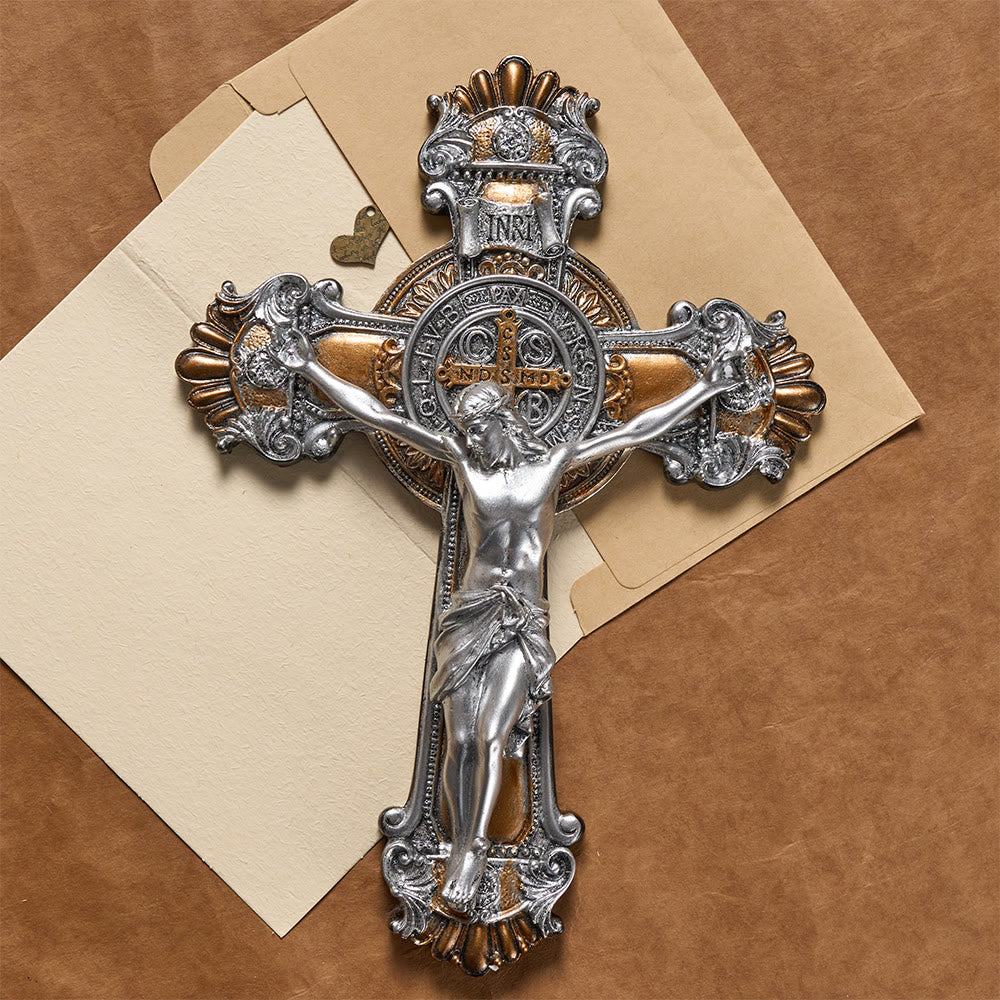 Resin Crucifix Wall Hanging with INRI & St. Benedict Medal