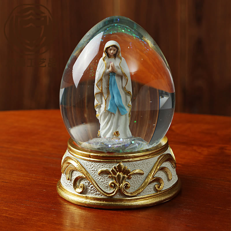 Resin Egg Snow Globe with Praying Madonna Statue | Religious Ornament