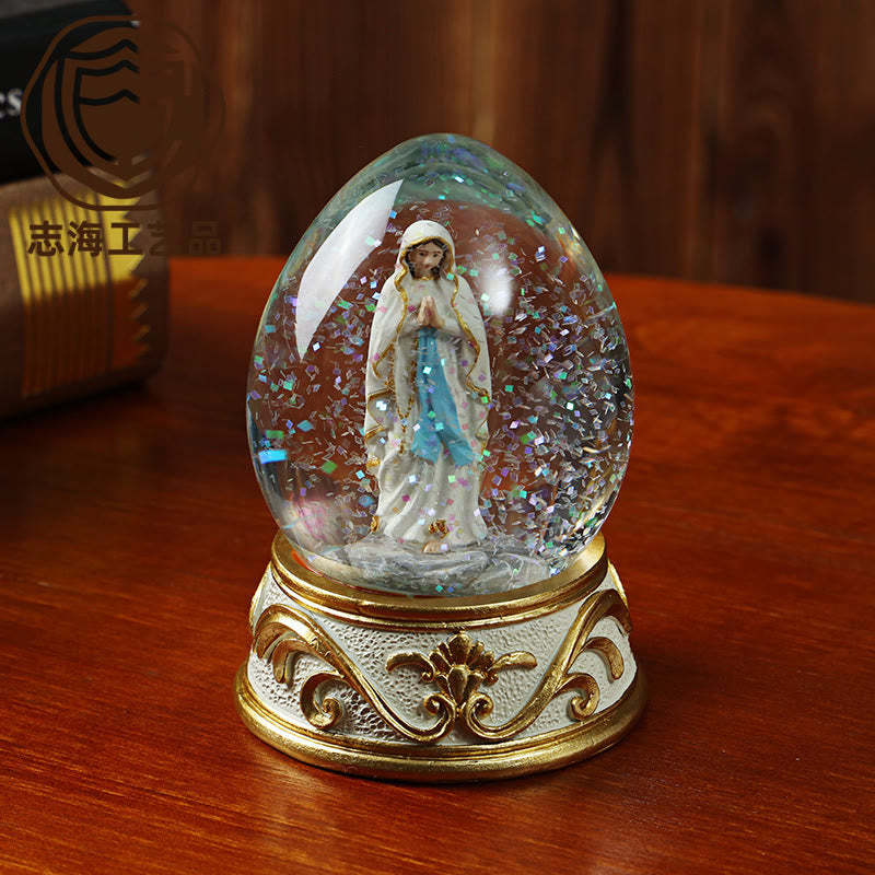 Resin Egg Snow Globe with Praying Madonna Statue | Religious Ornament