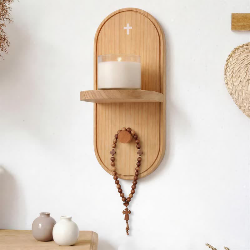 Wooden Prayer Altar Shelf with Cross – Handcrafted Devotional Wall Decor