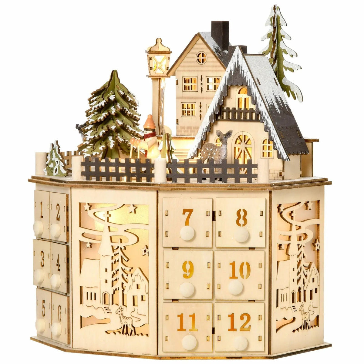 Wooden Advent Calendar with 24 Compartments & Warm LED Lights