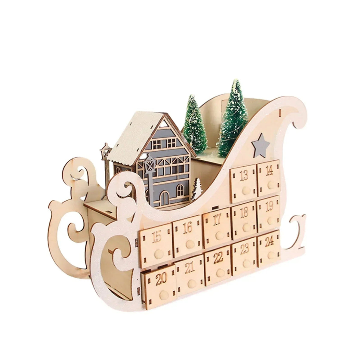 Wooden Advent Calendar with 24 Compartments & Warm LED Lights