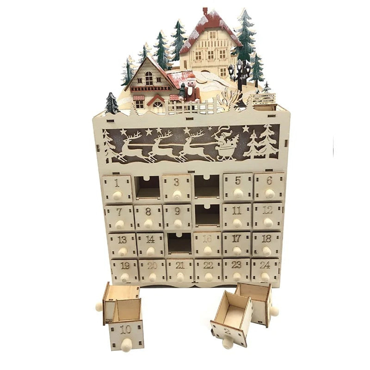 Wooden Advent Calendar with 24 Compartments & Warm LED Lights
