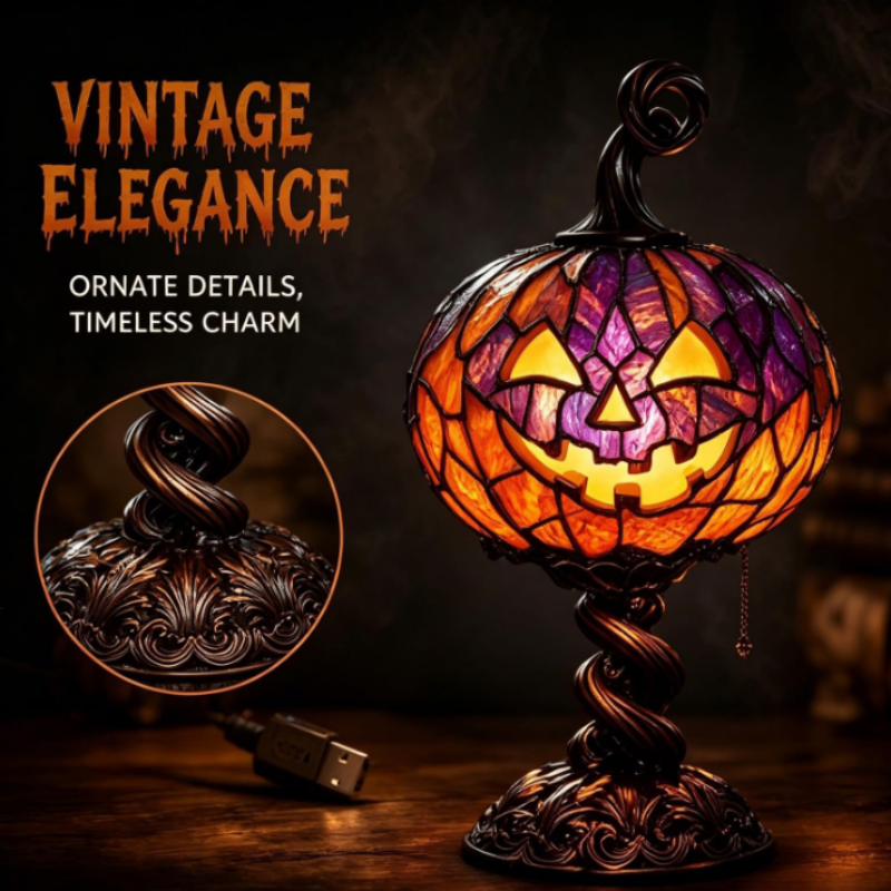 Stained Glass Halloween Pumpkin Table Lamp – USB Powered