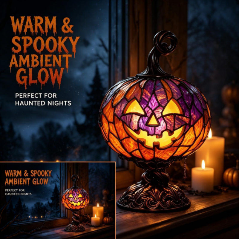 Stained Glass Halloween Pumpkin Table Lamp – USB Powered