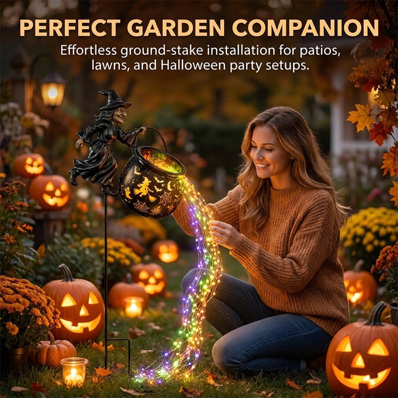 Iron Witch Cauldron Halloween Garden Light with Stake