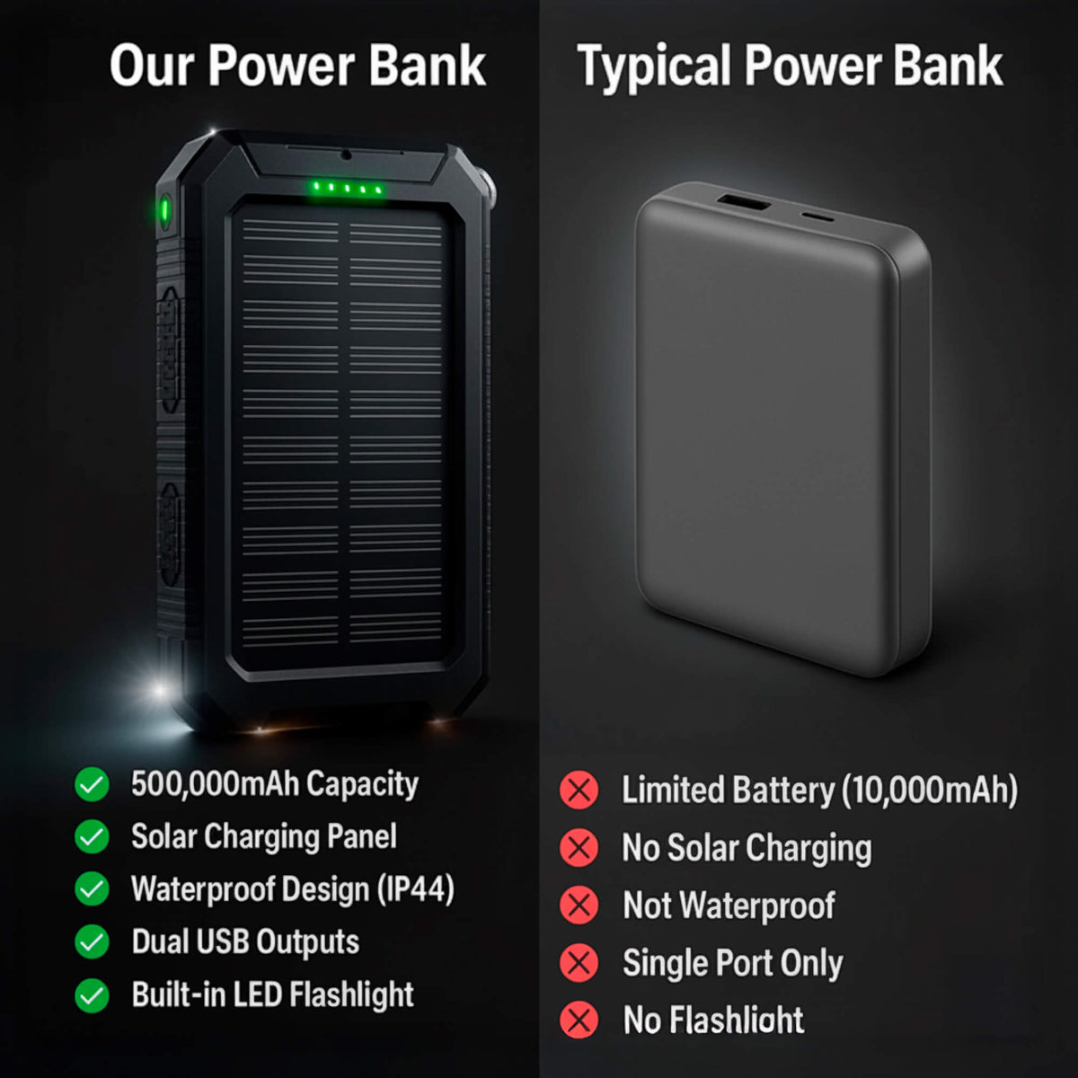Solar Power Bank 500000mAh Waterproof Dual USB Portable Charger