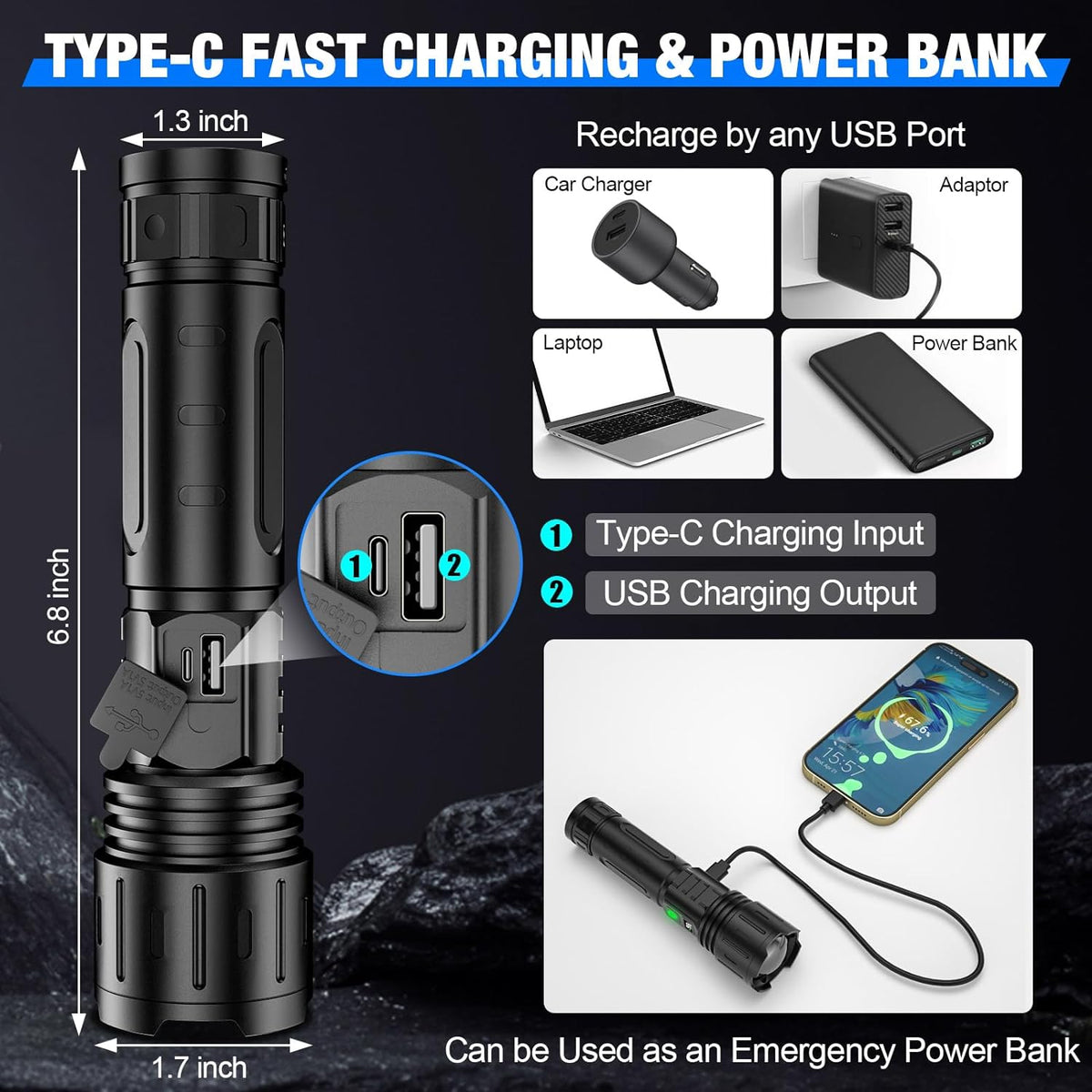 100000 Lumen LED Rechargeable Flashlight with Powerbank & Telescoping Beam
