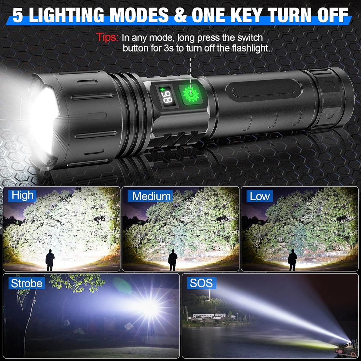 100000 Lumen LED Rechargeable Flashlight with Powerbank & Telescoping Beam