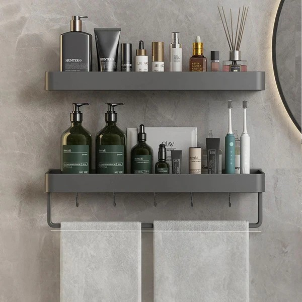 Self-Adhesive Bathroom Shelf with Towel Holder – No Drilling
