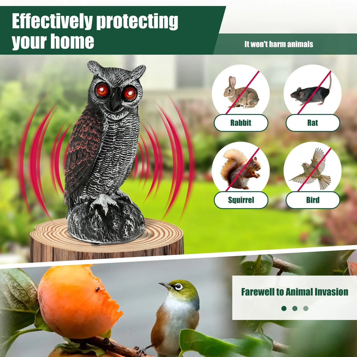 Solar Owl Decoy with Sound & Light – Waterproof Bird Deterrent