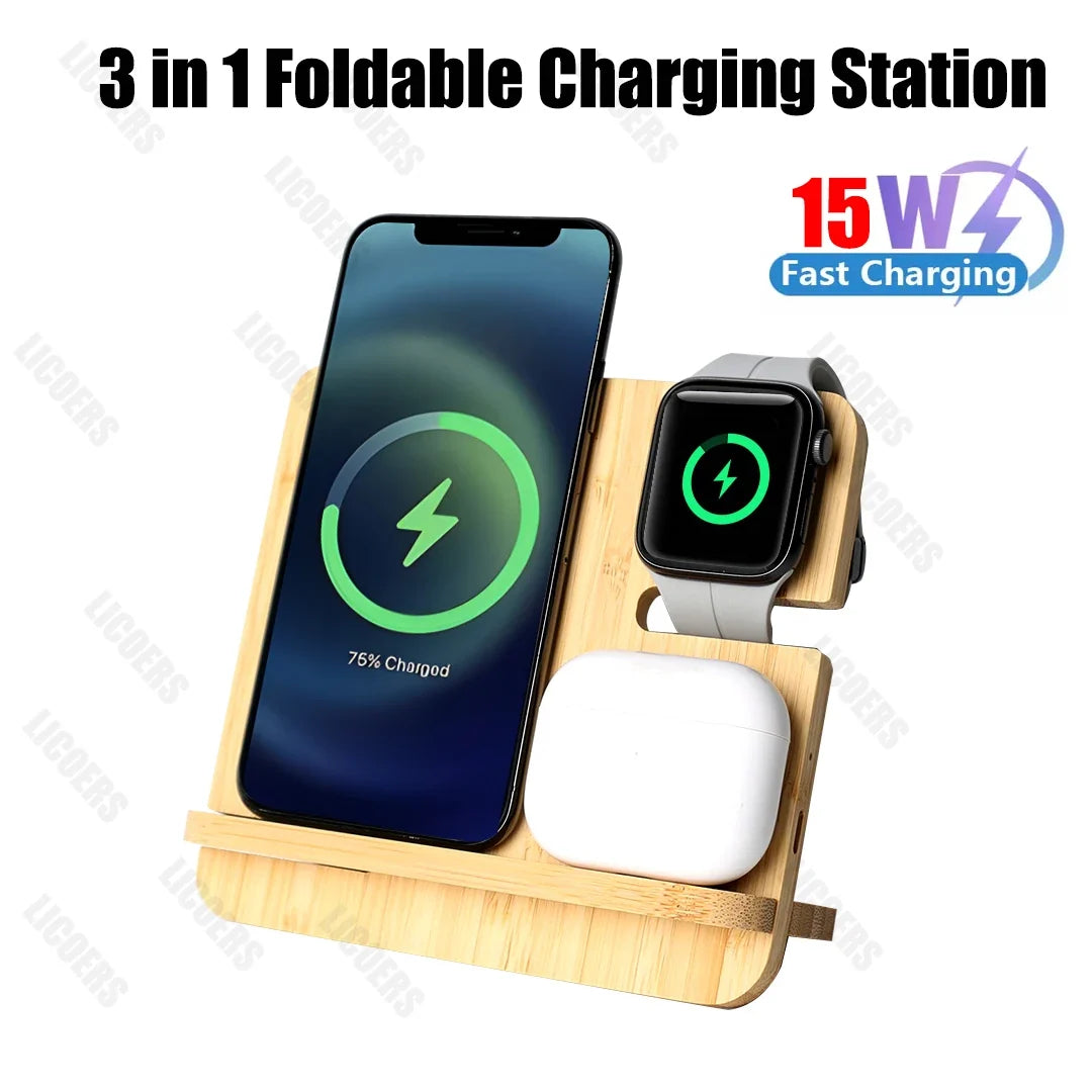 Bamboo Wireless Charging Station 3-in-1 for iPhone, Apple Watch & AirPods