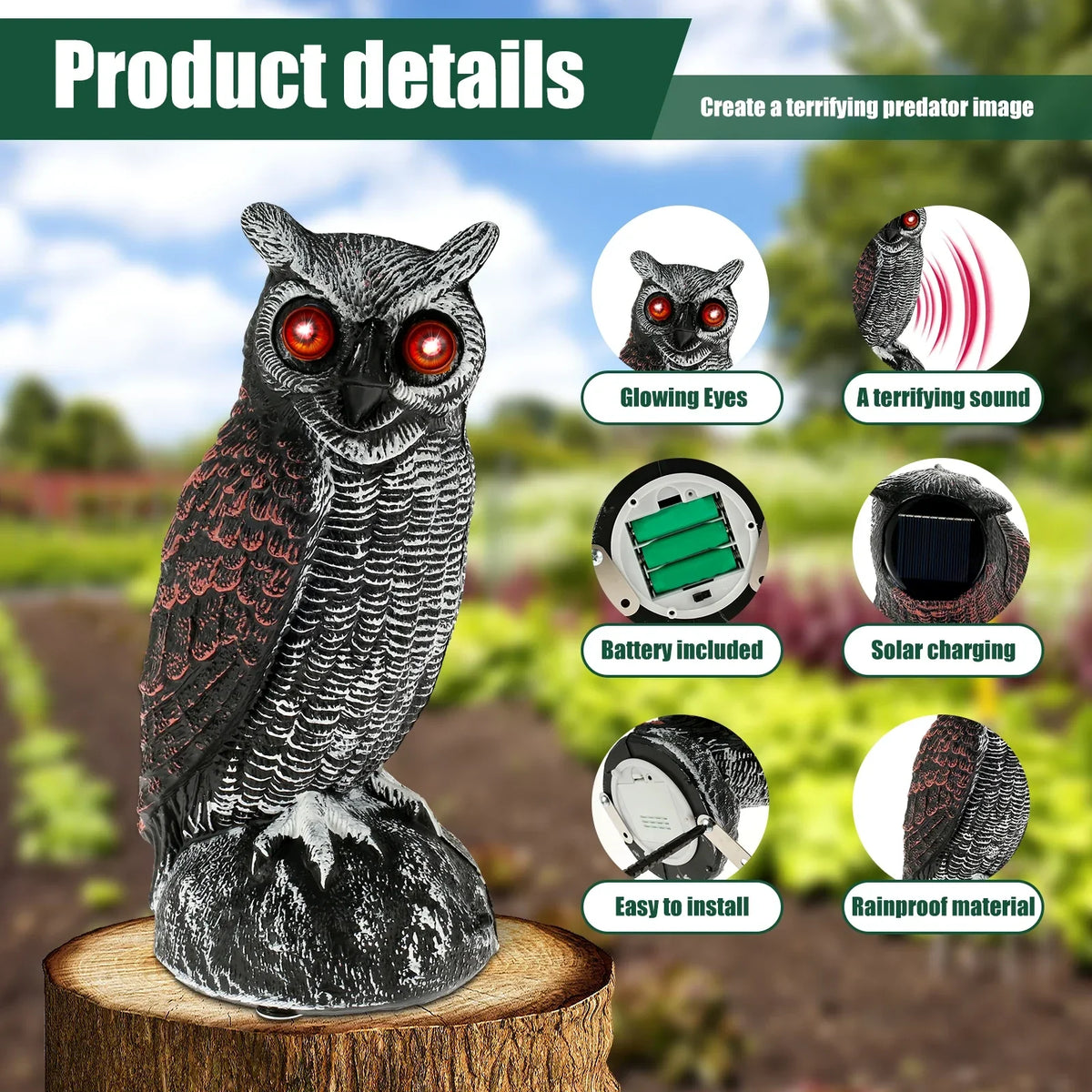 Solar Owl Decoy with Sound & Light – Waterproof Bird Deterrent