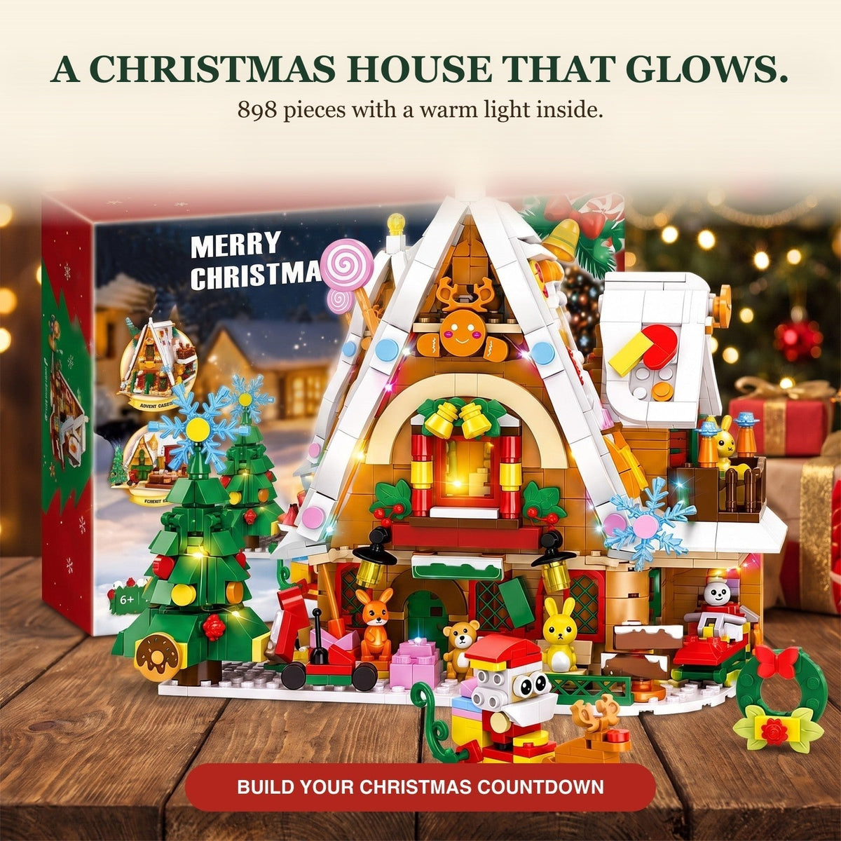 Christmas Snow House Advent Calendar – 898-Piece Brick Building Set with Light