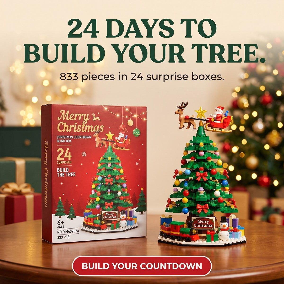 Christmas Tree Brick Advent Calendar – 833 Piece Build Set with 24 Surprise Boxes