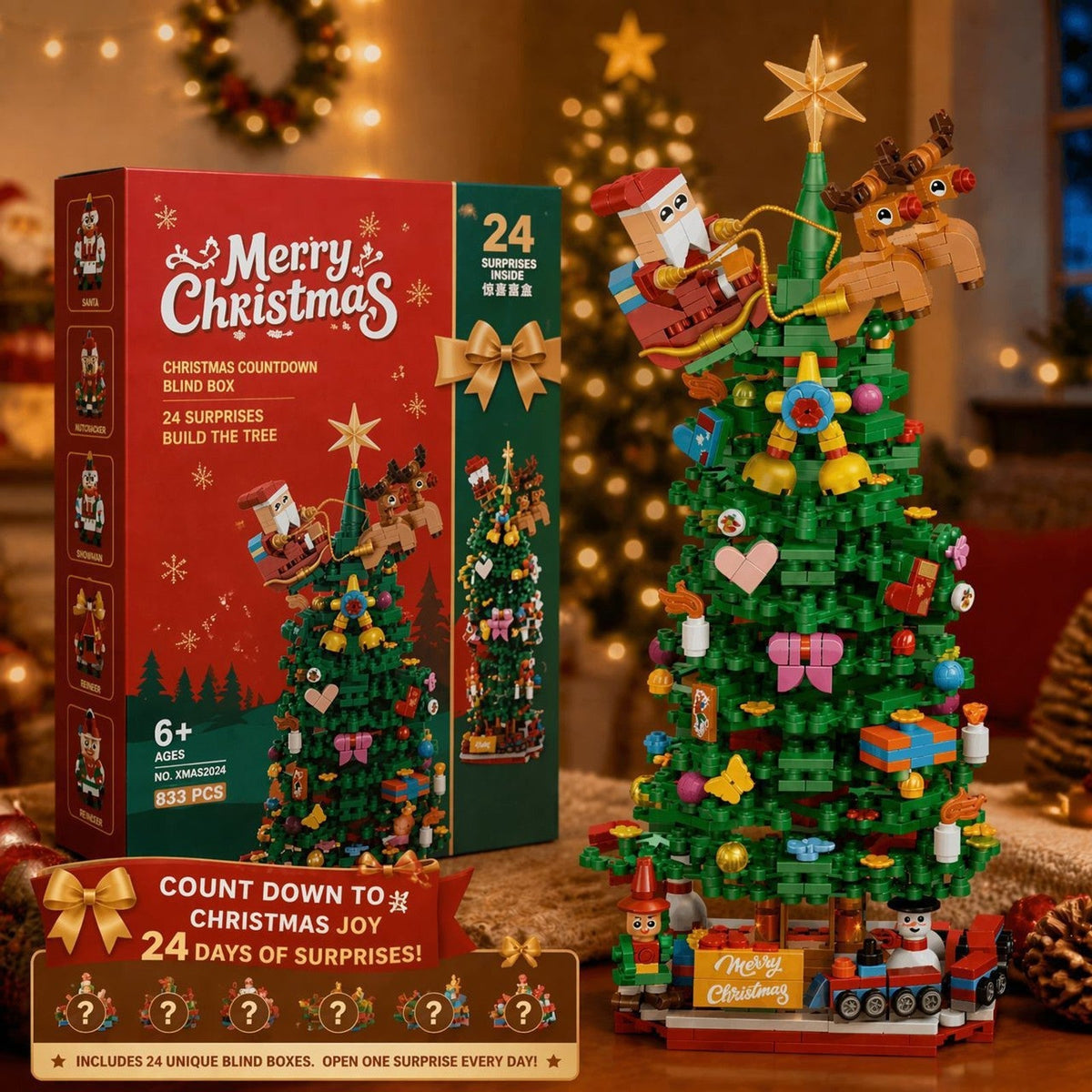 Christmas Tree Brick Advent Calendar – 833 Piece Build Set with 24 Surprise Boxes