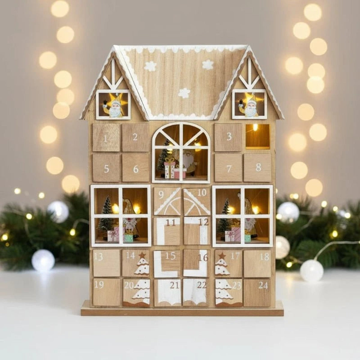Wooden Advent Calendar with 24 Compartments and LED Lights