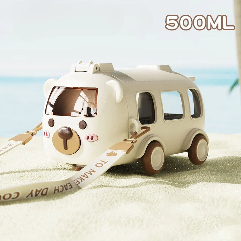 Kids Cartoon Bus Water Bottle with Silicone Straw