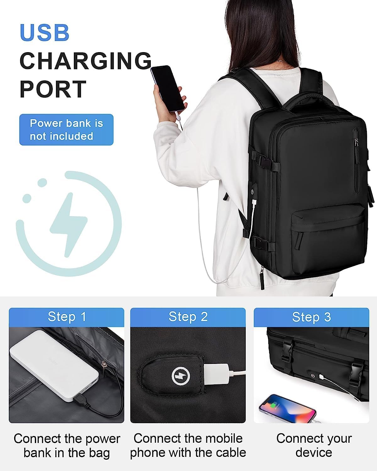 40L Waterproof Travel Backpack with Laptop Compartment & USB Port