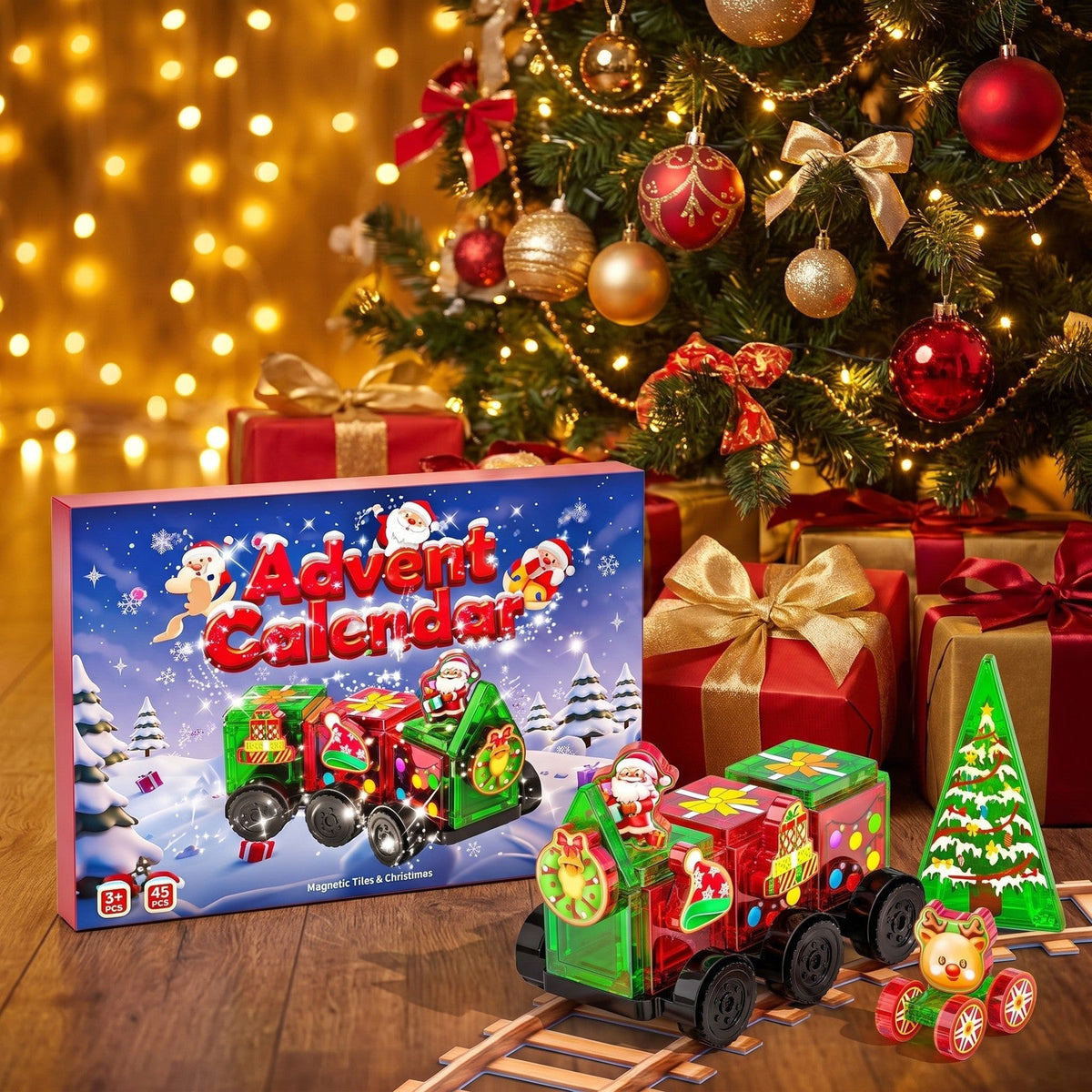 Kids' Magnetic Tile Christmas Train Advent Calendar – 45 Pieces with Santa
