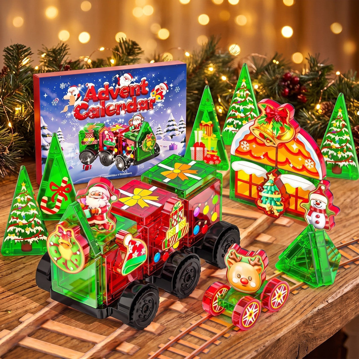 Kids' Magnetic Tile Christmas Train Advent Calendar – 45 Pieces with Santa