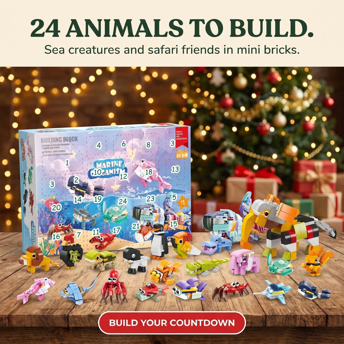 Advent Calendar Building Brick Animals – 24 Sea & Safari Creatures