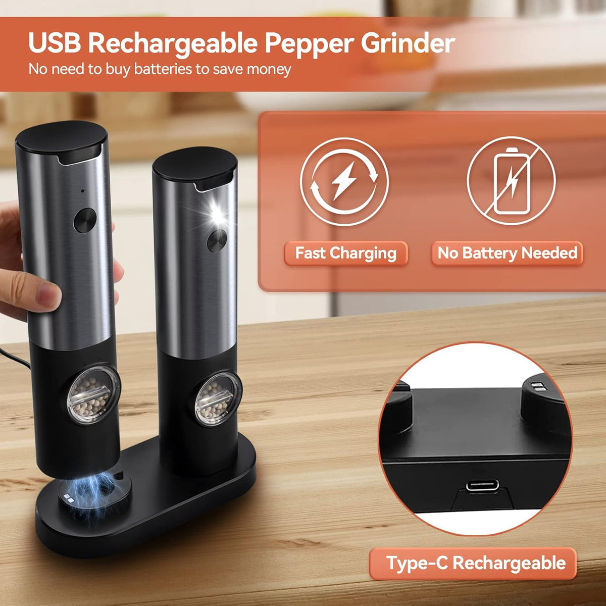 Electric Salt and Pepper Mill Set – Rechargeable Stainless Steel