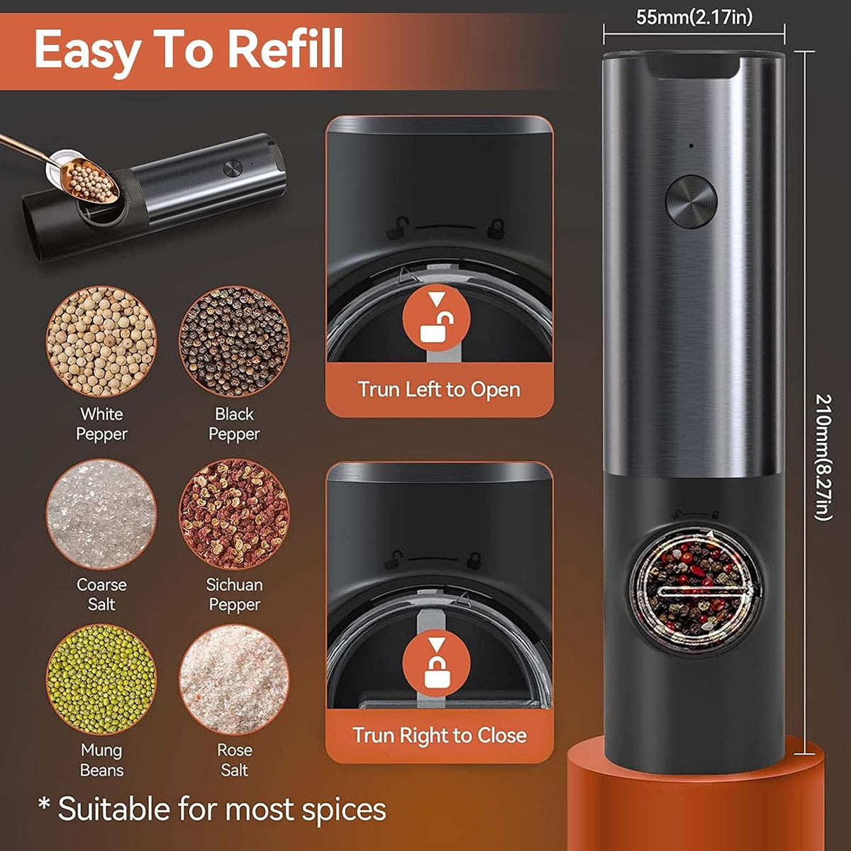 Electric Salt and Pepper Mill Set – Rechargeable Stainless Steel
