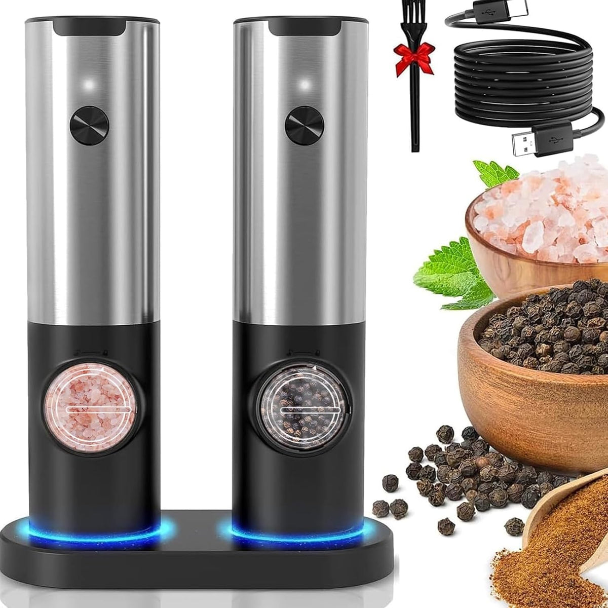 Electric Salt and Pepper Mill Set – Rechargeable Stainless Steel