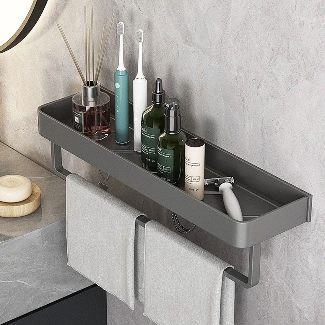 Self-Adhesive Bathroom Shelf with Towel Holder – No Drilling