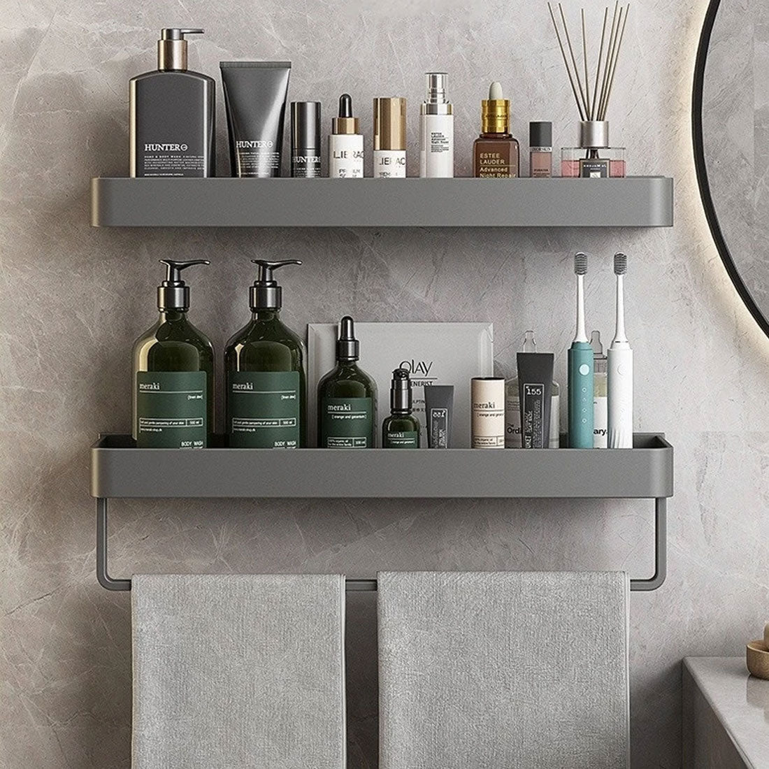 Self-Adhesive Bathroom Shelf with Towel Holder – No Drilling