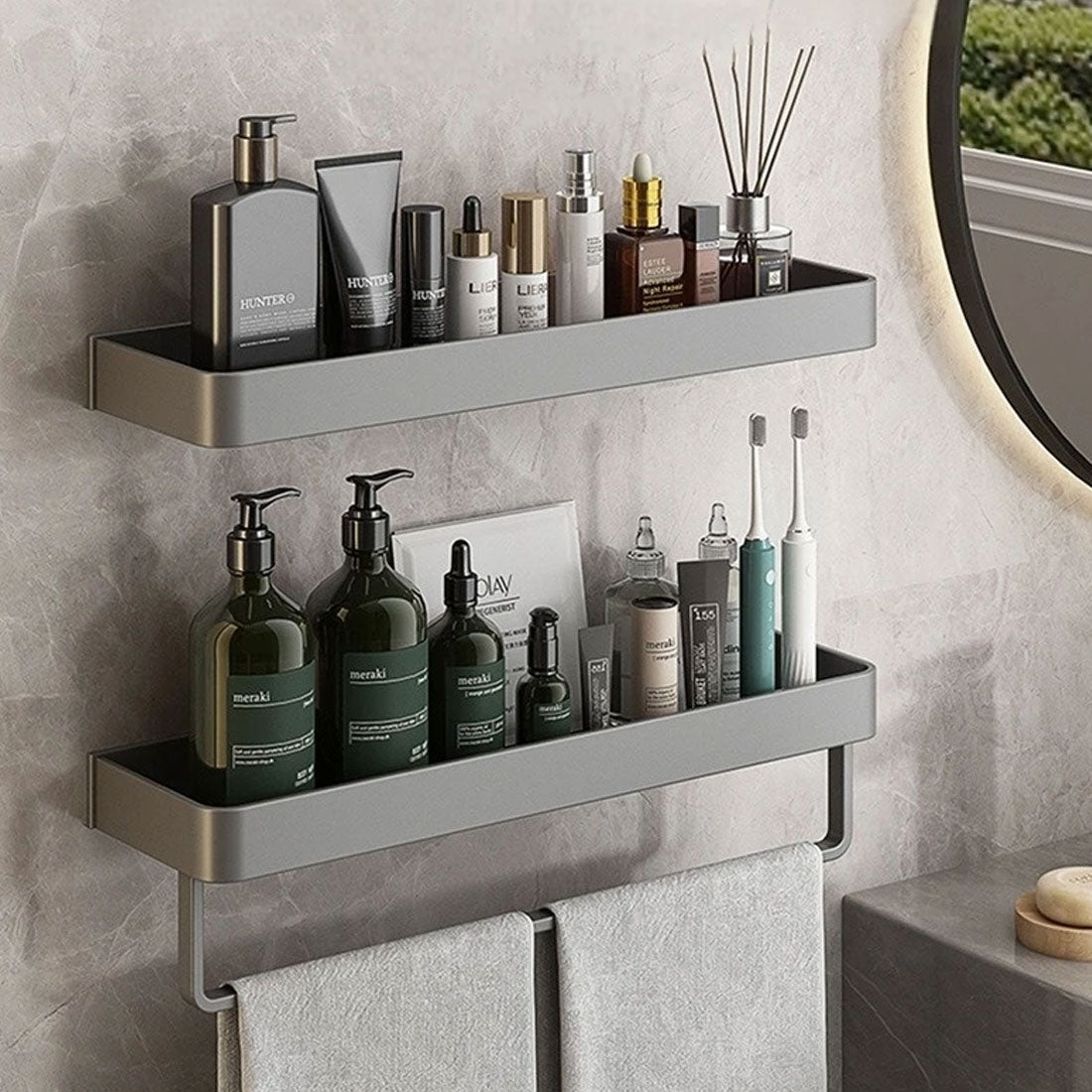 Self-Adhesive Bathroom Shelf with Towel Holder – No Drilling