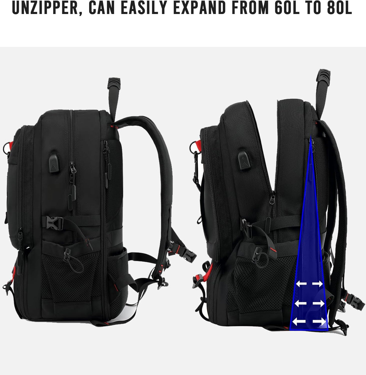 60L Waterproof Travel Backpack with USB Charging & Laptop Compartment