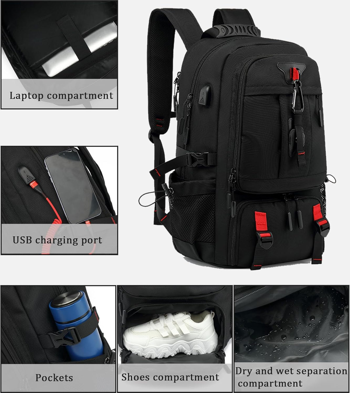 60L Waterproof Travel Backpack with USB Charging & Laptop Compartment
