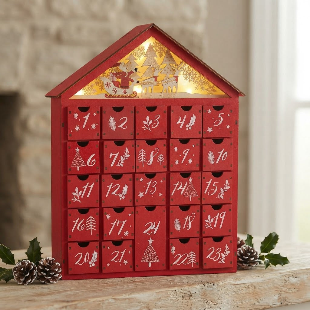 Wooden Advent Calendar with 24 Compartments & Warm LED Lights