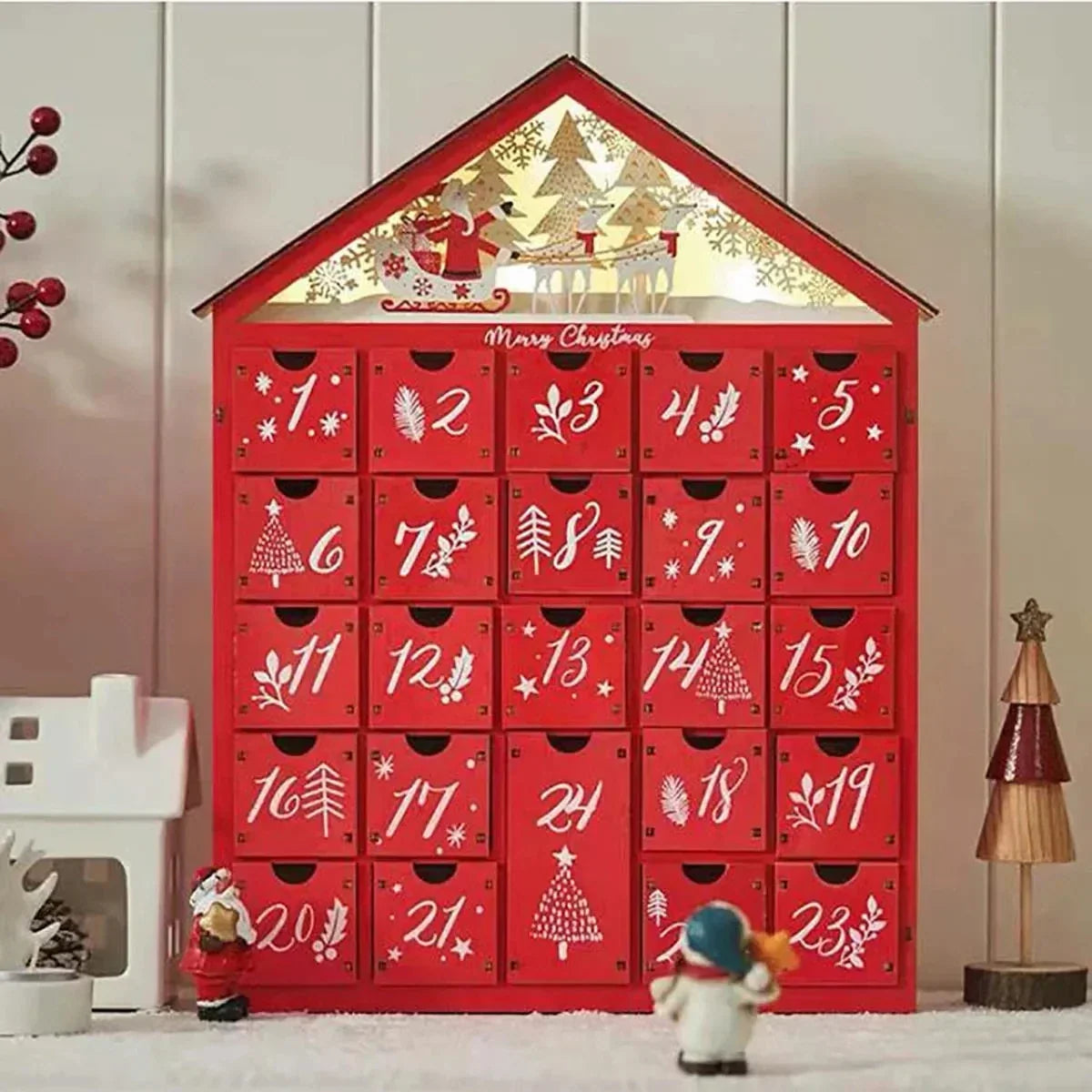 Wooden Advent Calendar with 24 Drawers – Light-Up Christmas Countdown