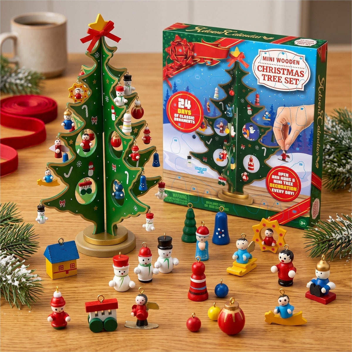 Kids' Wooden Tabletop Advent Calendar – 24 Mini Ornaments Christmas Countdown