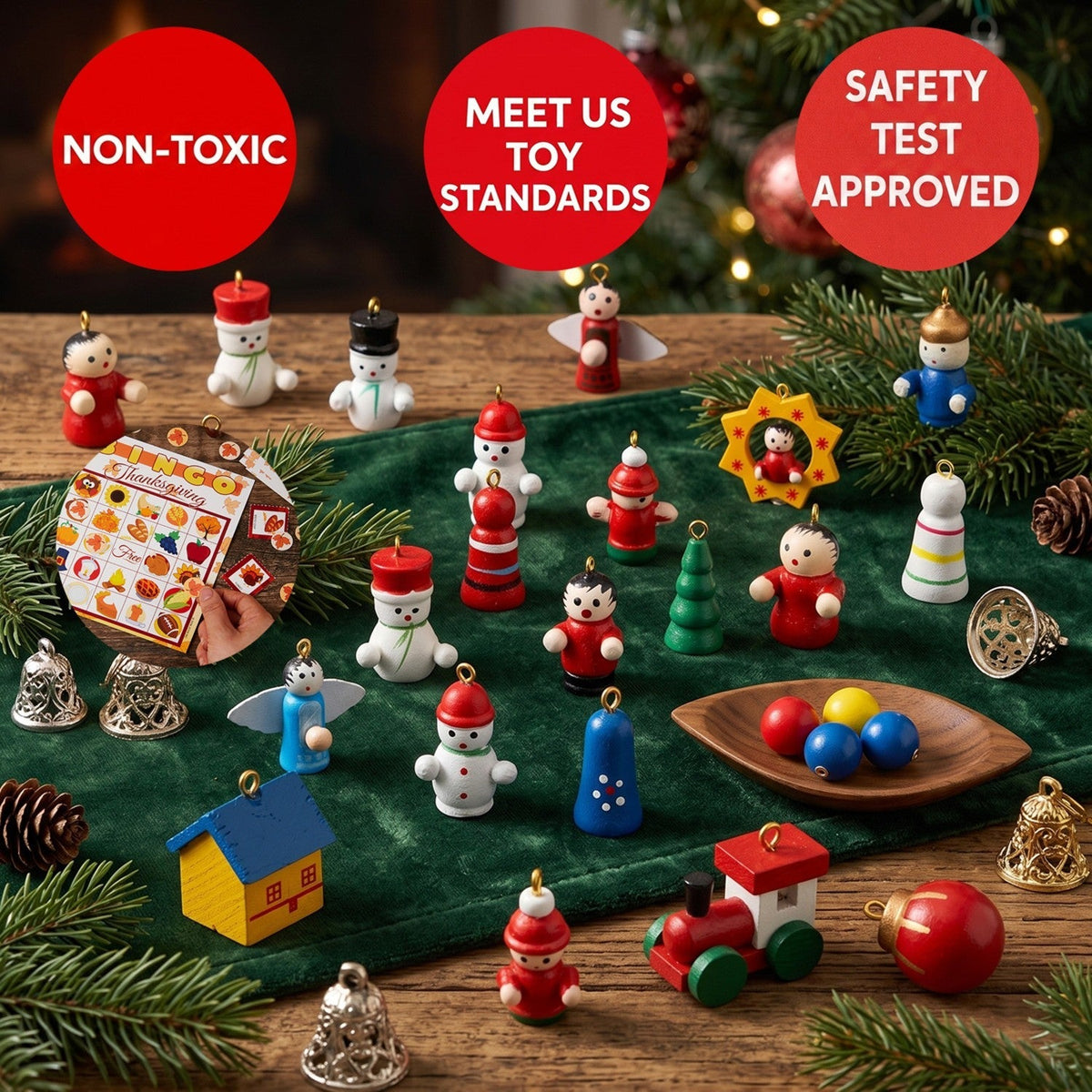 Kids' Wooden Tabletop Advent Calendar – 24 Mini Ornaments Christmas Countdown
