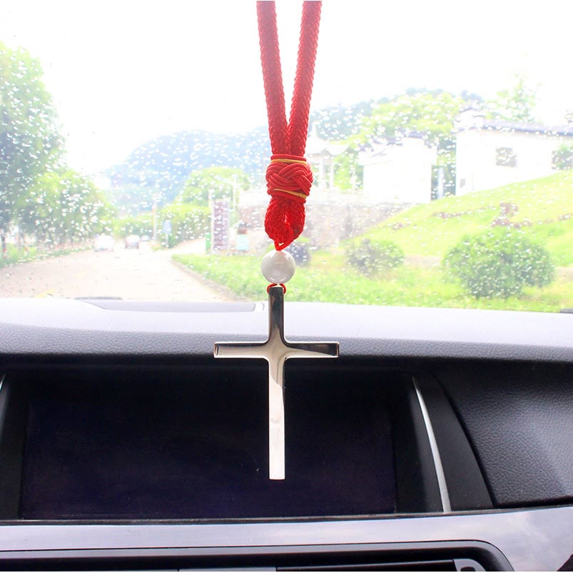 Tri-Color Cross Car Pendant – Steel Spiritual Hanging Ornament