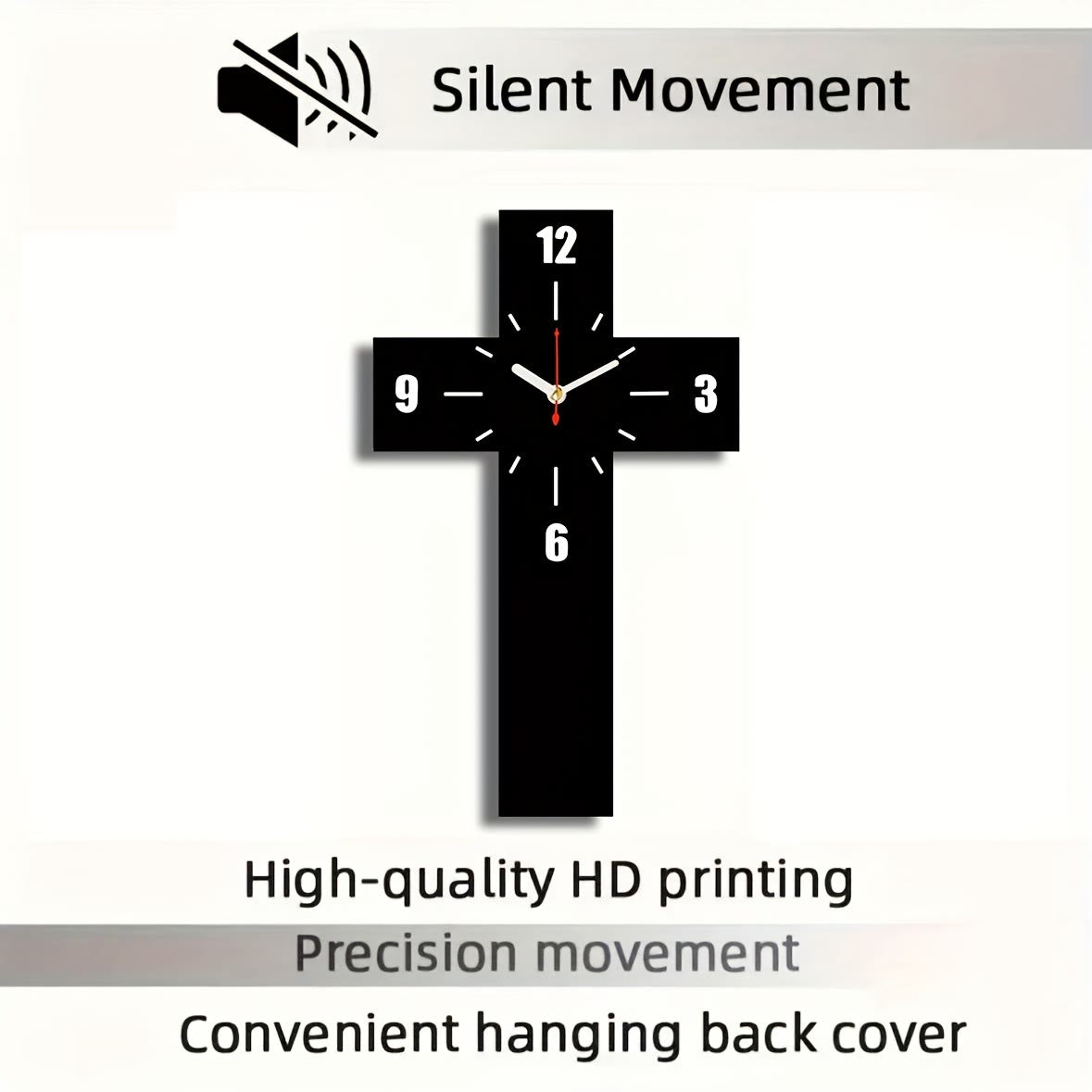 Minimalist Silent Cross Wall Clock – Red, White & Black