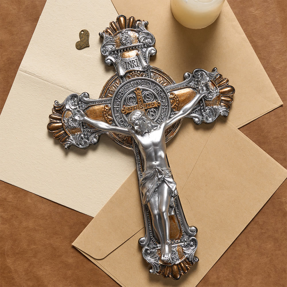 Resin Crucifix Wall Hanging with INRI & St. Benedict Medal