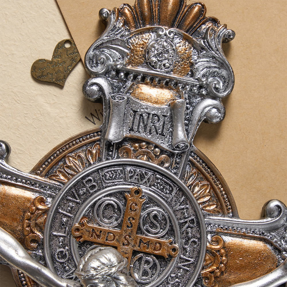 Resin Crucifix Wall Hanging with INRI & St. Benedict Medal