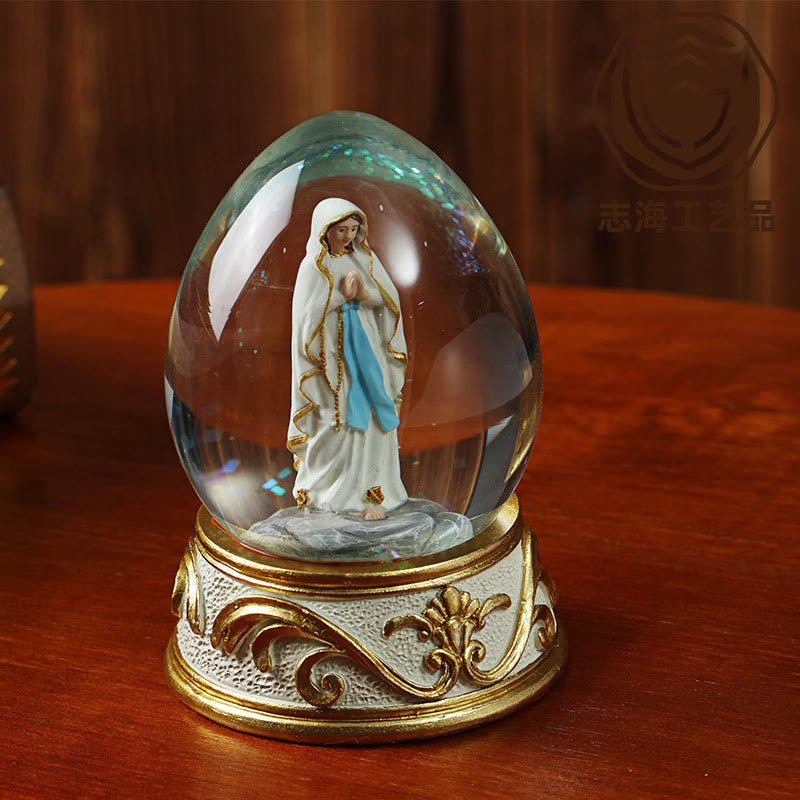 Resin Egg Snow Globe with Praying Madonna Statue | Religious Ornament
