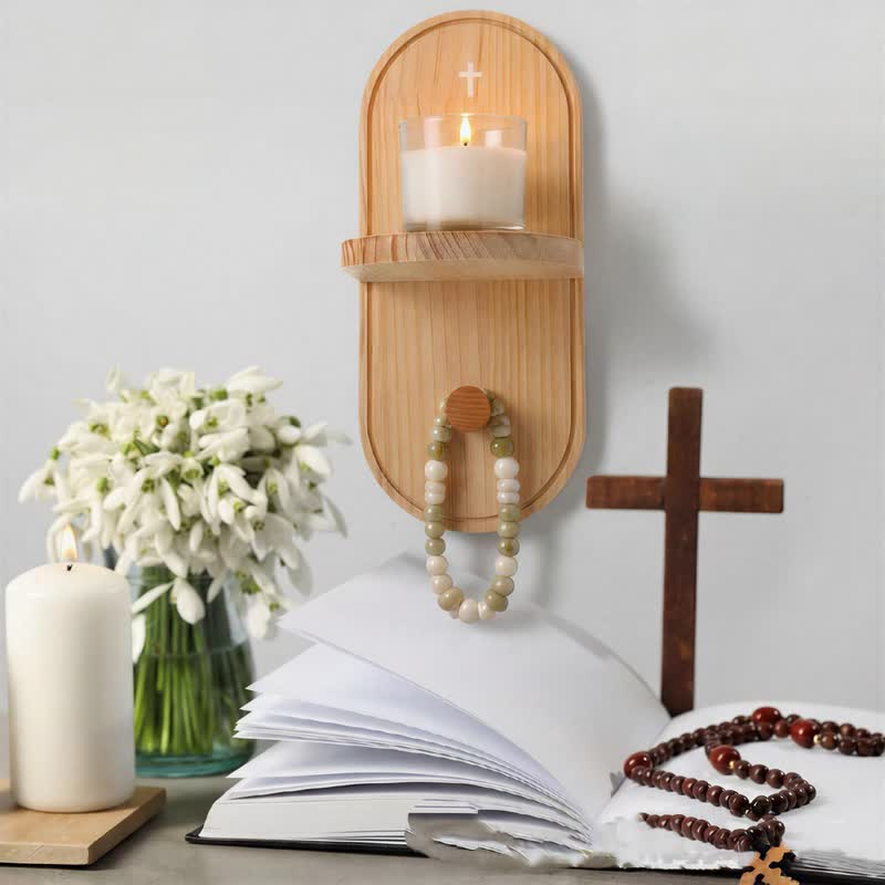 Wooden Prayer Altar Shelf with Cross – Handcrafted Devotional Wall Decor