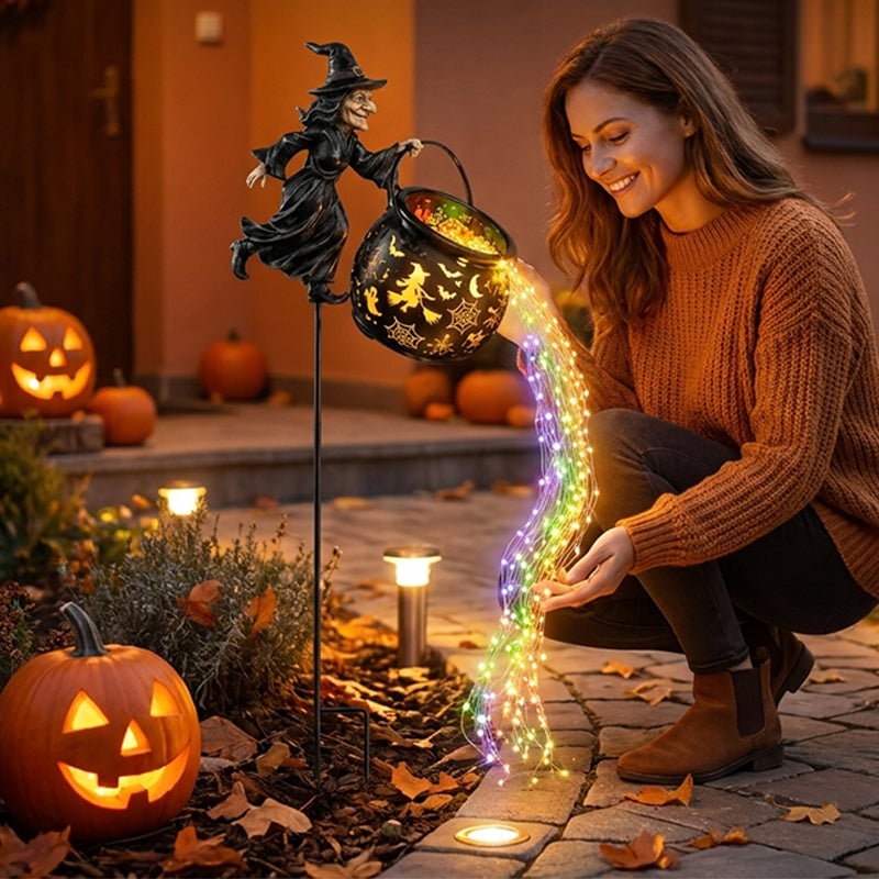 Iron Witch Cauldron Halloween Garden Light with Stake