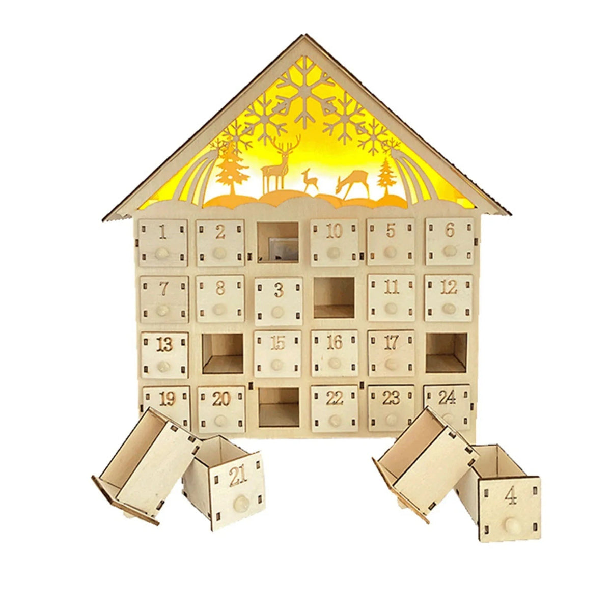 Wooden Advent Calendar with 24 Compartments & Warm LED Lights