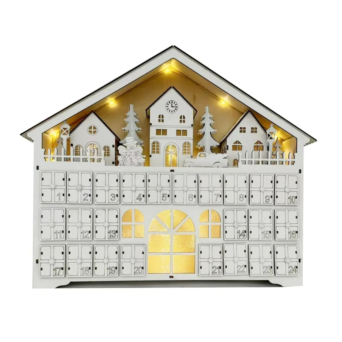 Wooden Advent Calendar with 24 Compartments & Warm LED Lights